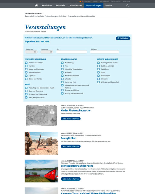 Screenshot Vorpommern Veranstaltungsliste